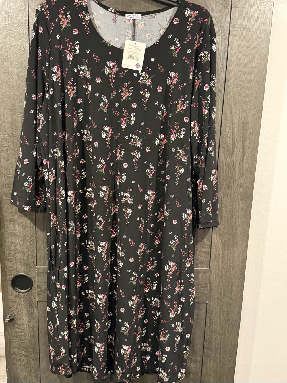 Black Floral Tunic Dress with Pink & Green Blooms